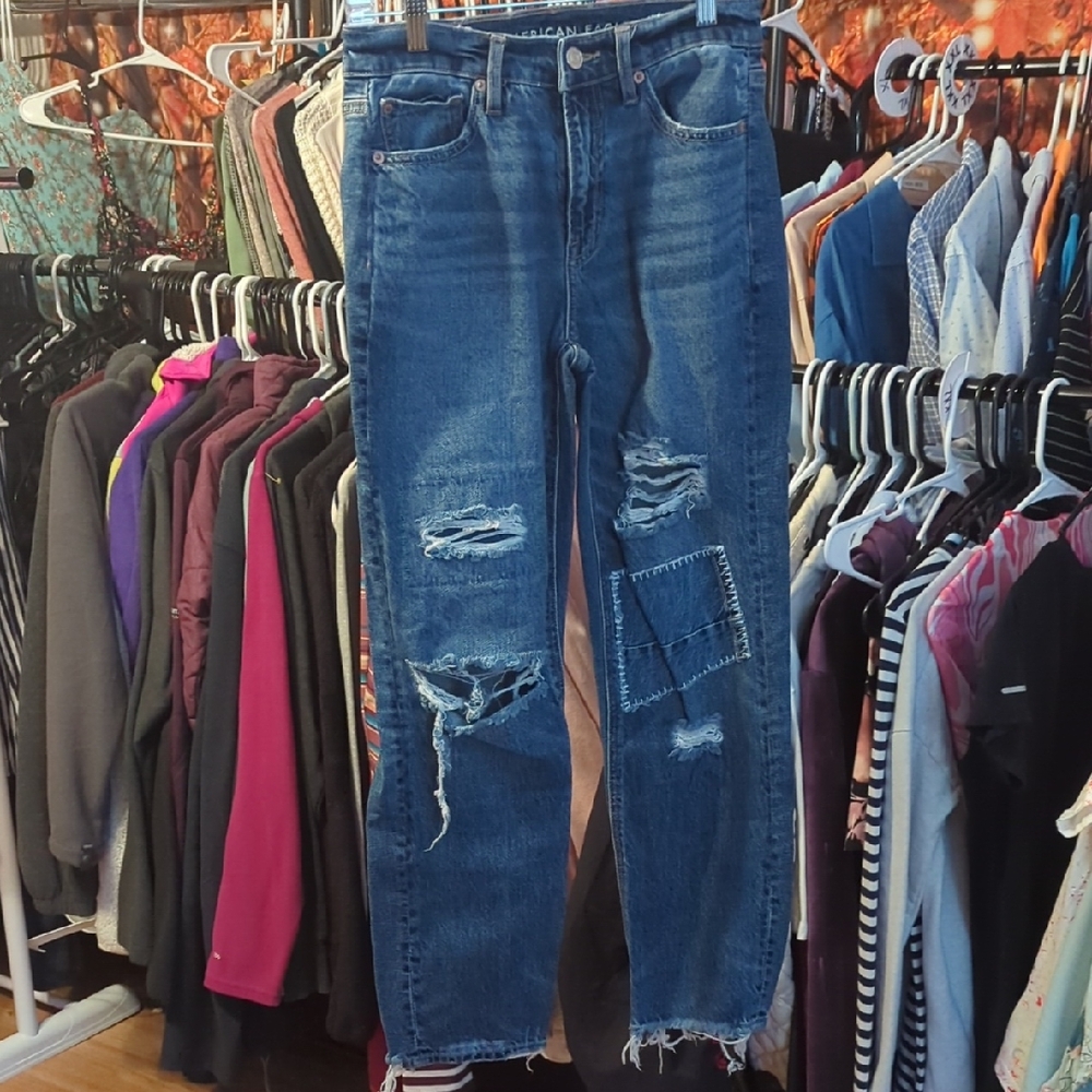 American Eagle Outfitters Blue Distressed Straight Leg Jeans